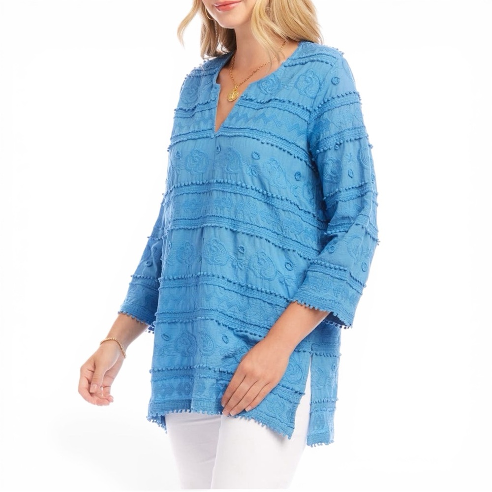 Karen Kane Womens Blue Cotton Embroidered Tunic Top 3/4 Sleeve Size M NWT